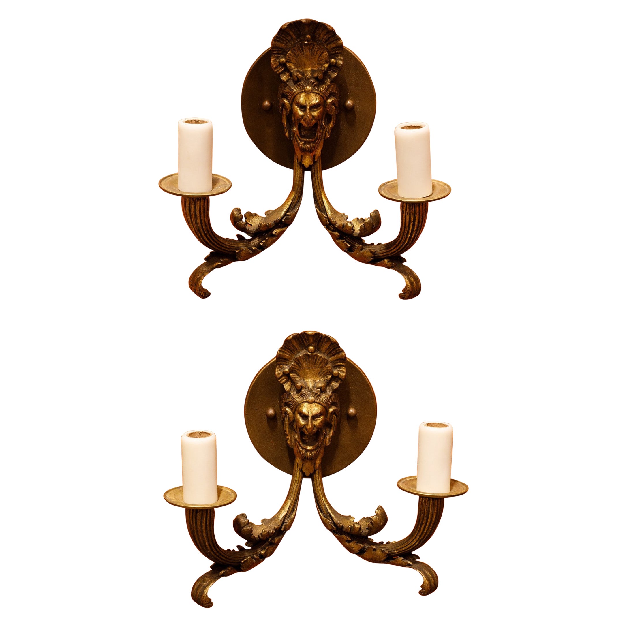 Pair Antique Classical Two-Arm Sconces with Faces of Bacchus For Sale