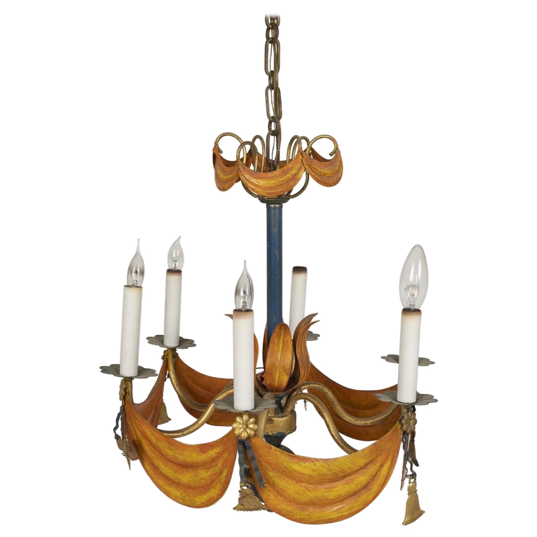 1940s French Tole Draped Swag Chandelier For Sale