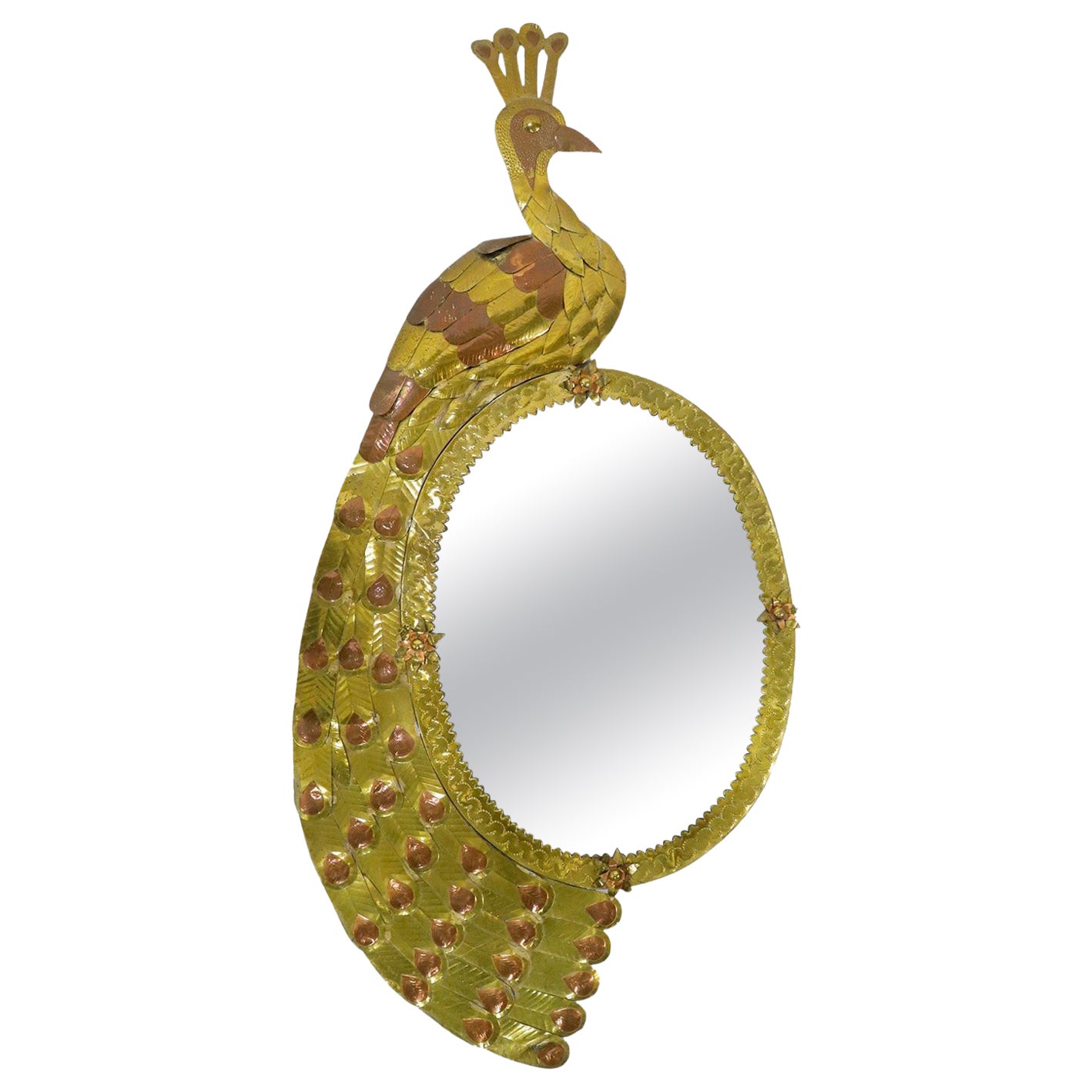 Mexican Brass Peacock Motif Wall Mirror For Sale