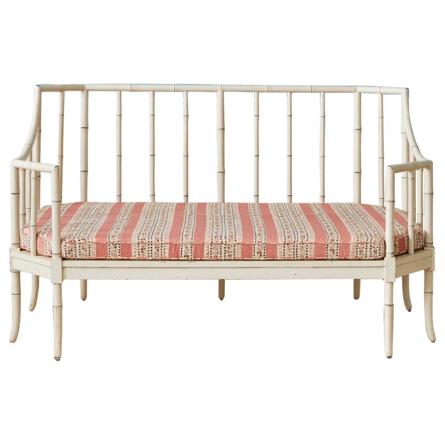 Vintage White Painted Faux Bamboo Bench with Upholstered Cushion, France, 1940s For Sale