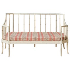 Vintage White Painted Faux Bamboo Bench with Upholstered Cushion, France, 1940s