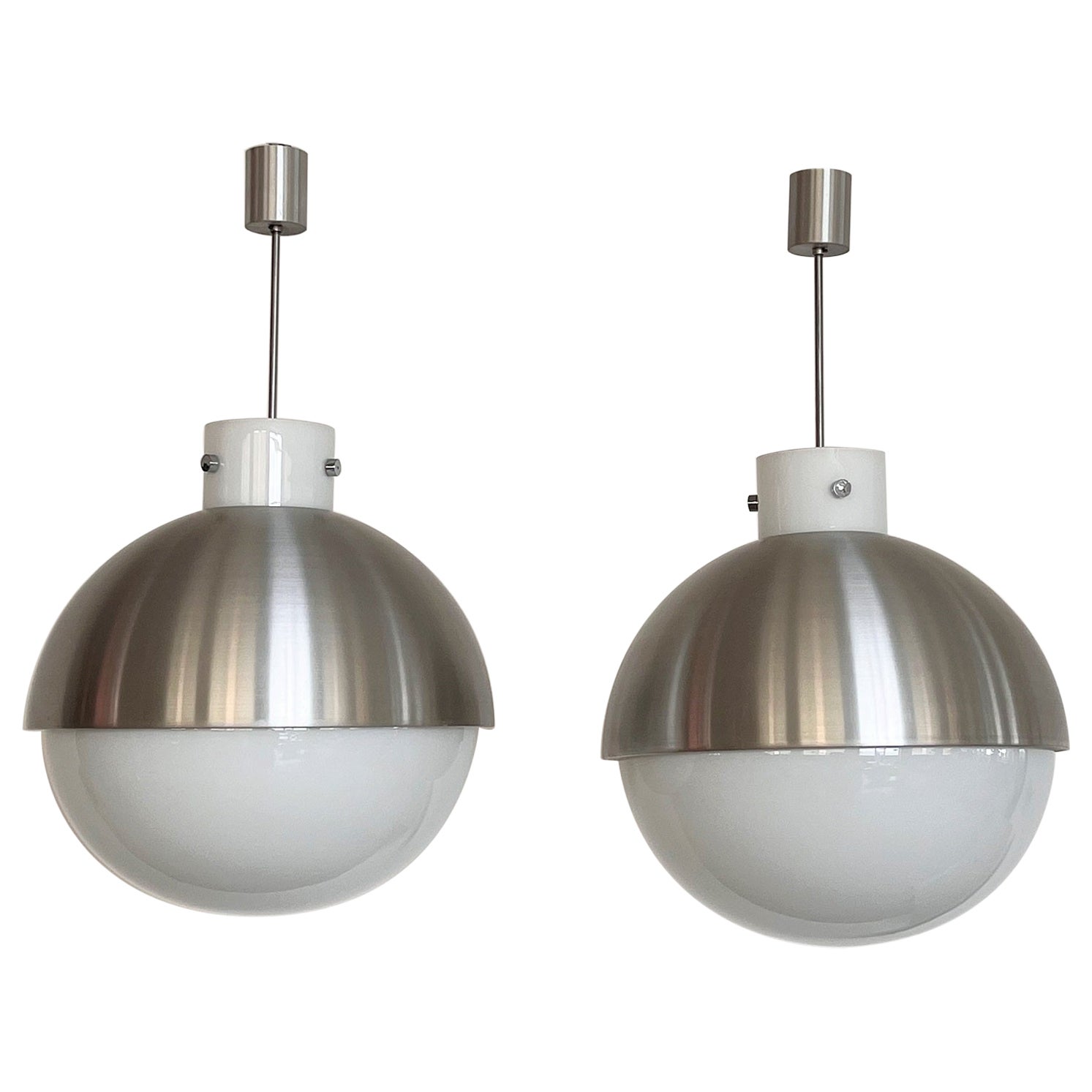 Glashütte Limburg Giant Aluminium and White Glass Globe Chandelier Pair, 1970s For Sale