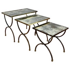 Nest of 3 C1930 French Brass Side Tables With Silvered Mirror Glass Coffee Table