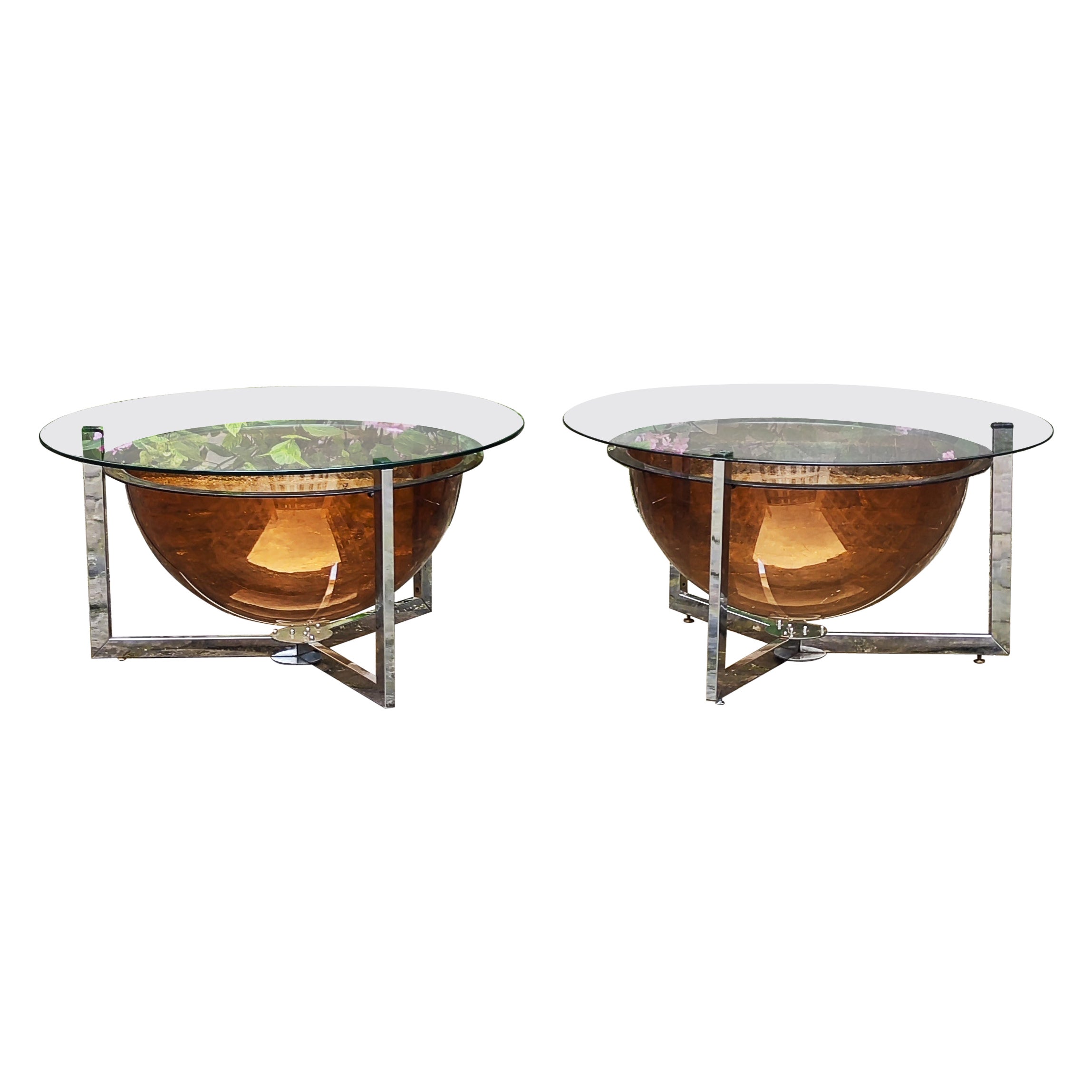 Pair of 70s coffee tables, steel, glass and plexiglass - France