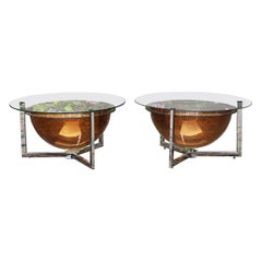 Pair of 70s coffee tables, steel, glass and plexiglass - France