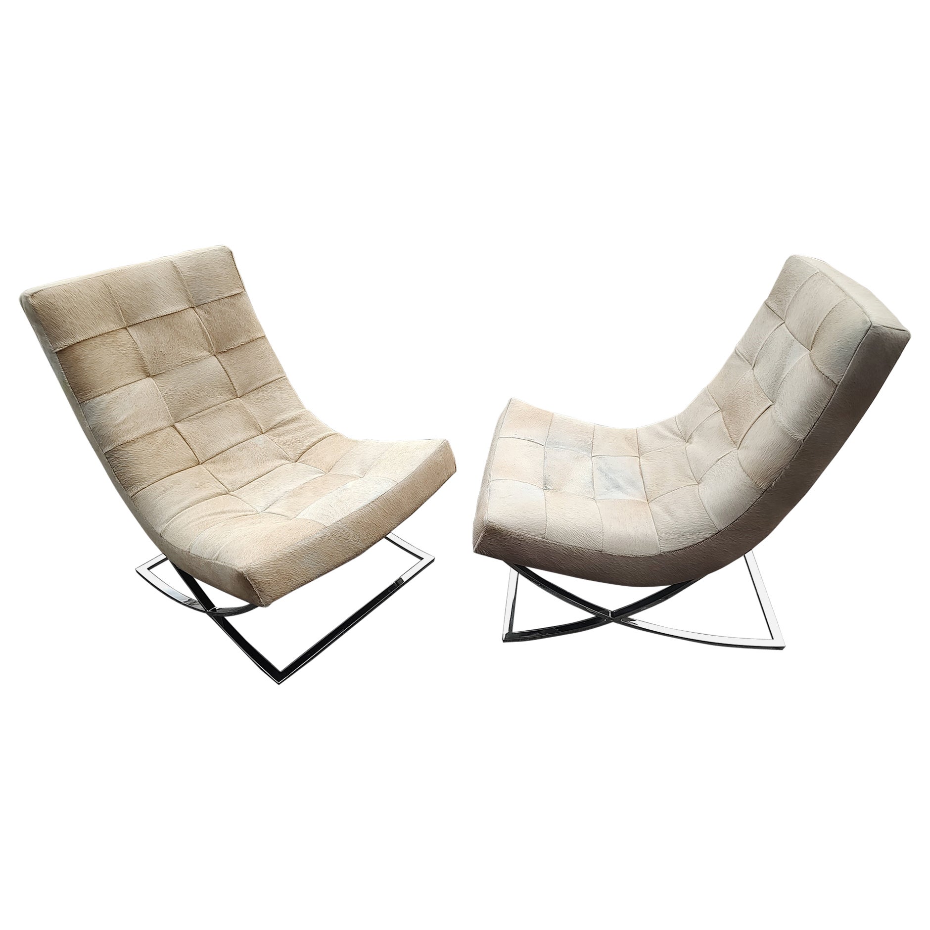 Pair of Williams Sonoma James Lounge Chairs with Hair on Hide & X Chrome Bases For Sale 2