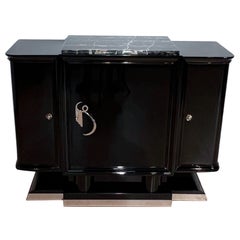 Antique Small Art Deco Sideboard, Black Lacquer, Maple, Marble, France circa 1930