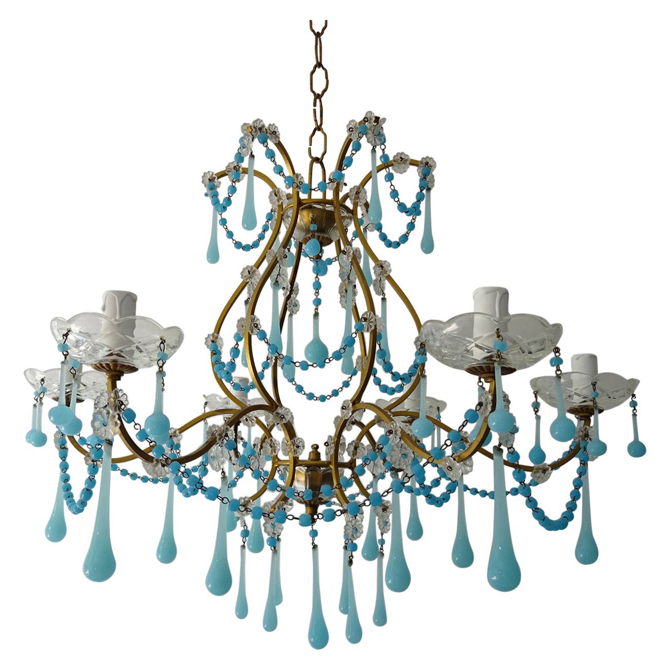 French Murano Blue Drops & Beads Opaline Chandelier, circa 1920 For Sale
