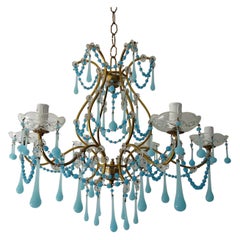 French Murano Blue Drops & Beads Opaline Chandelier, circa 1920