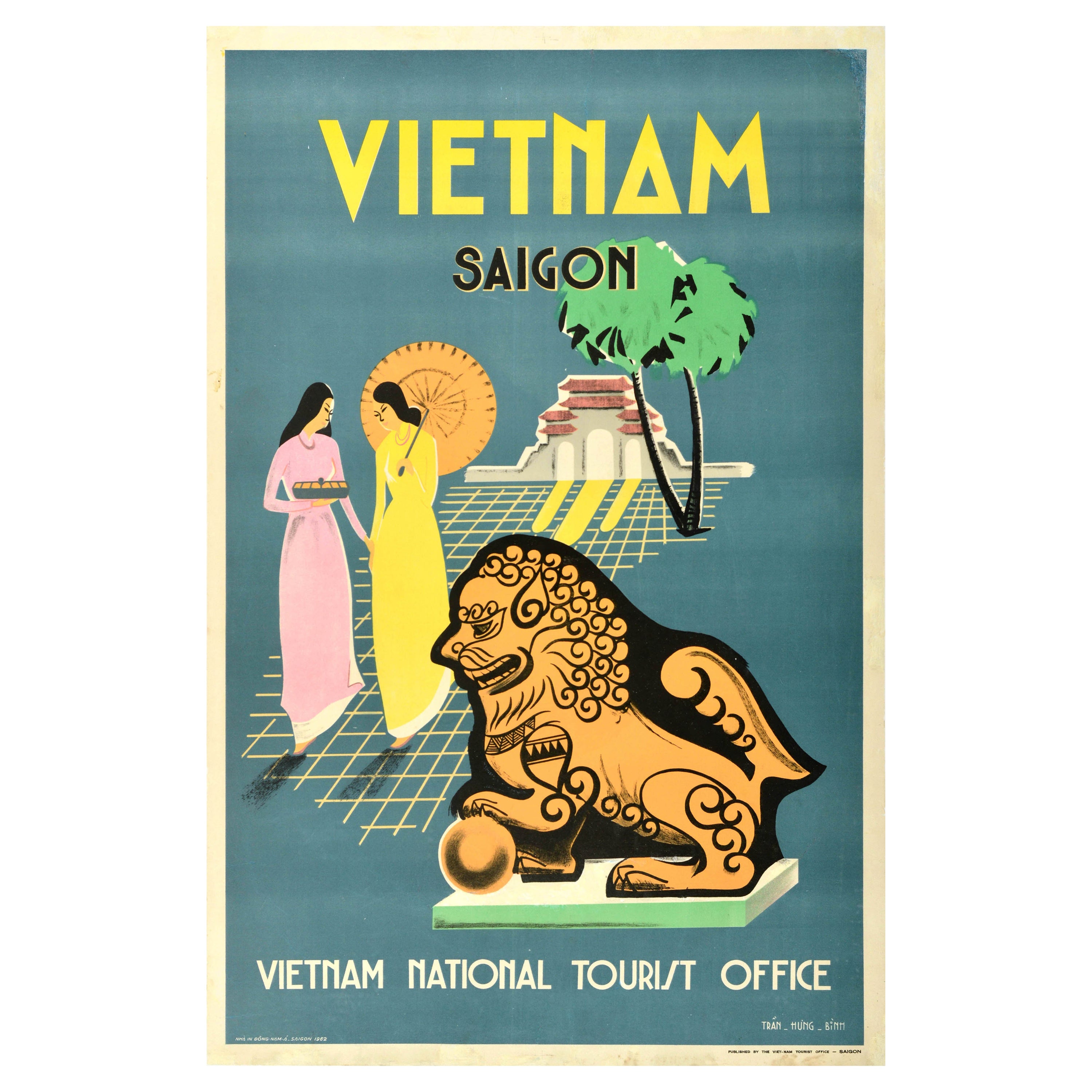 Original Vintage Asiatisches Reiseplakat Vietnam Saigon Ho Chi Minh Stadt Tempellöwe