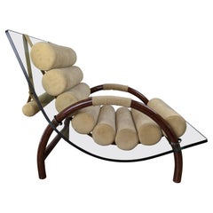 Fabio Lenci style curved glass arm chair with burled walnut base and cushions