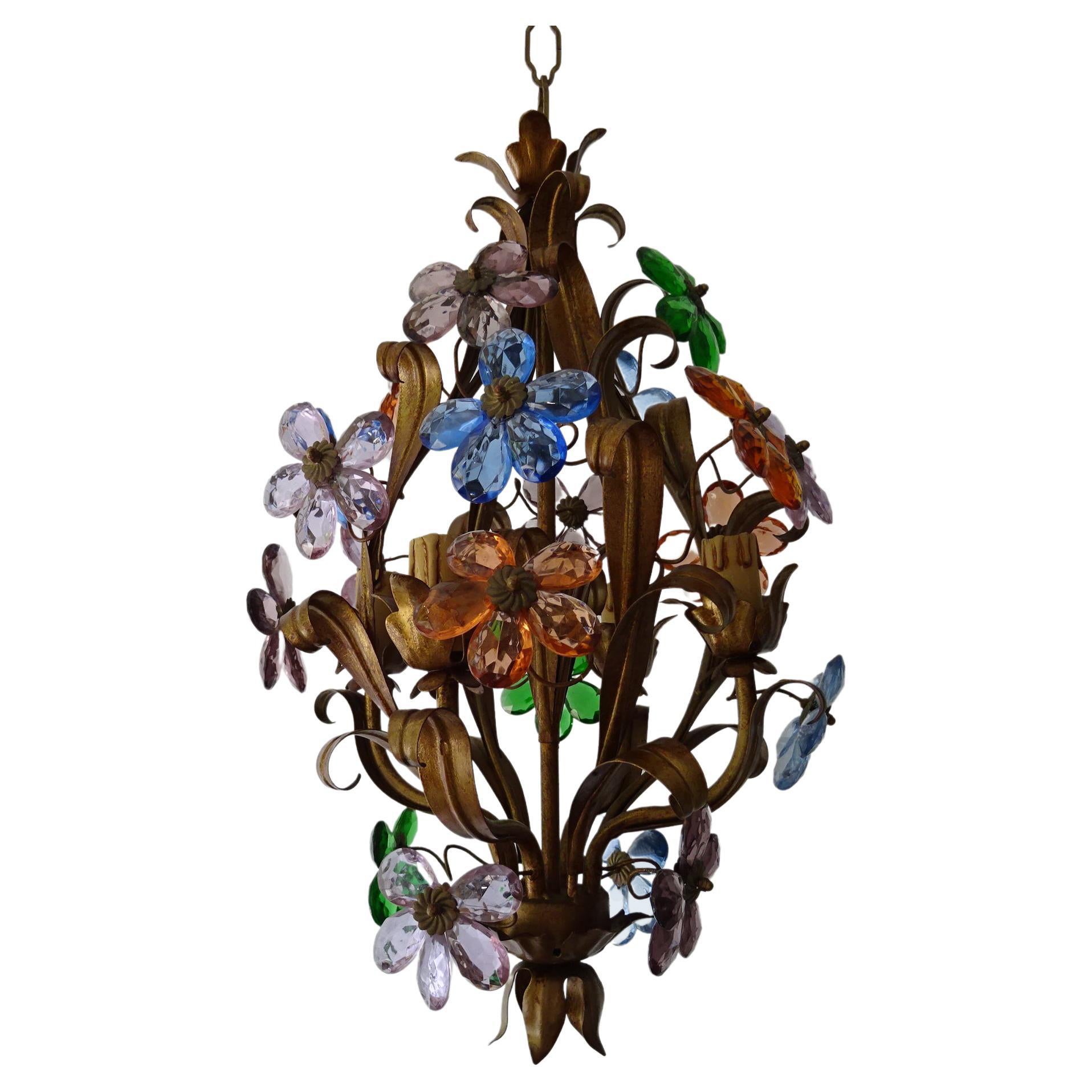  French Colourful  Flowers Crystal Prisms Maison Baguès Style Tole Chandelier For Sale