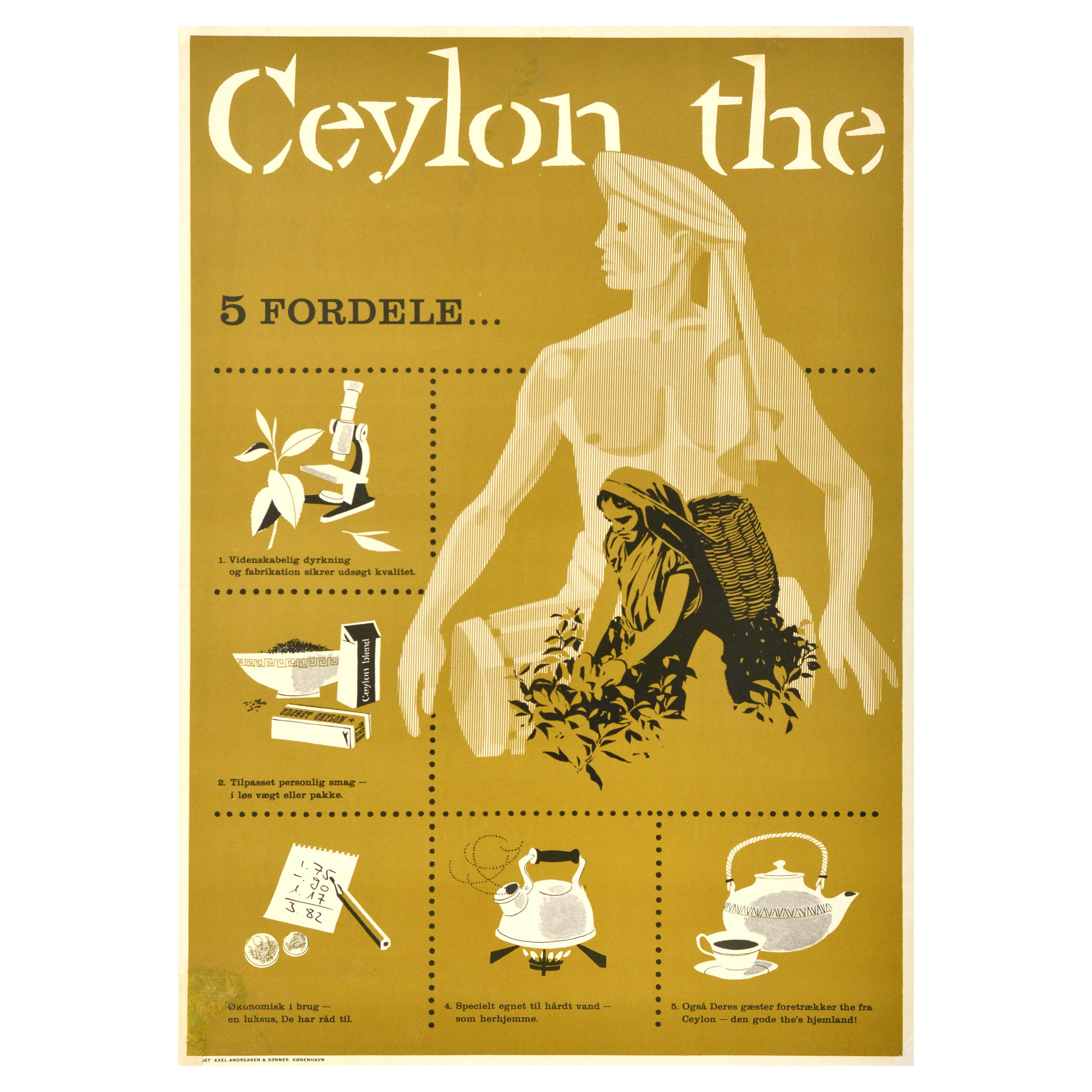 Original Vintage Drink Advertising Poster Ceylon Tea Benefits Midcentury Art For Sale