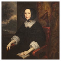 17th Century Oil on Canvas Flemish Antique Painting Lady Portrait, 1670
