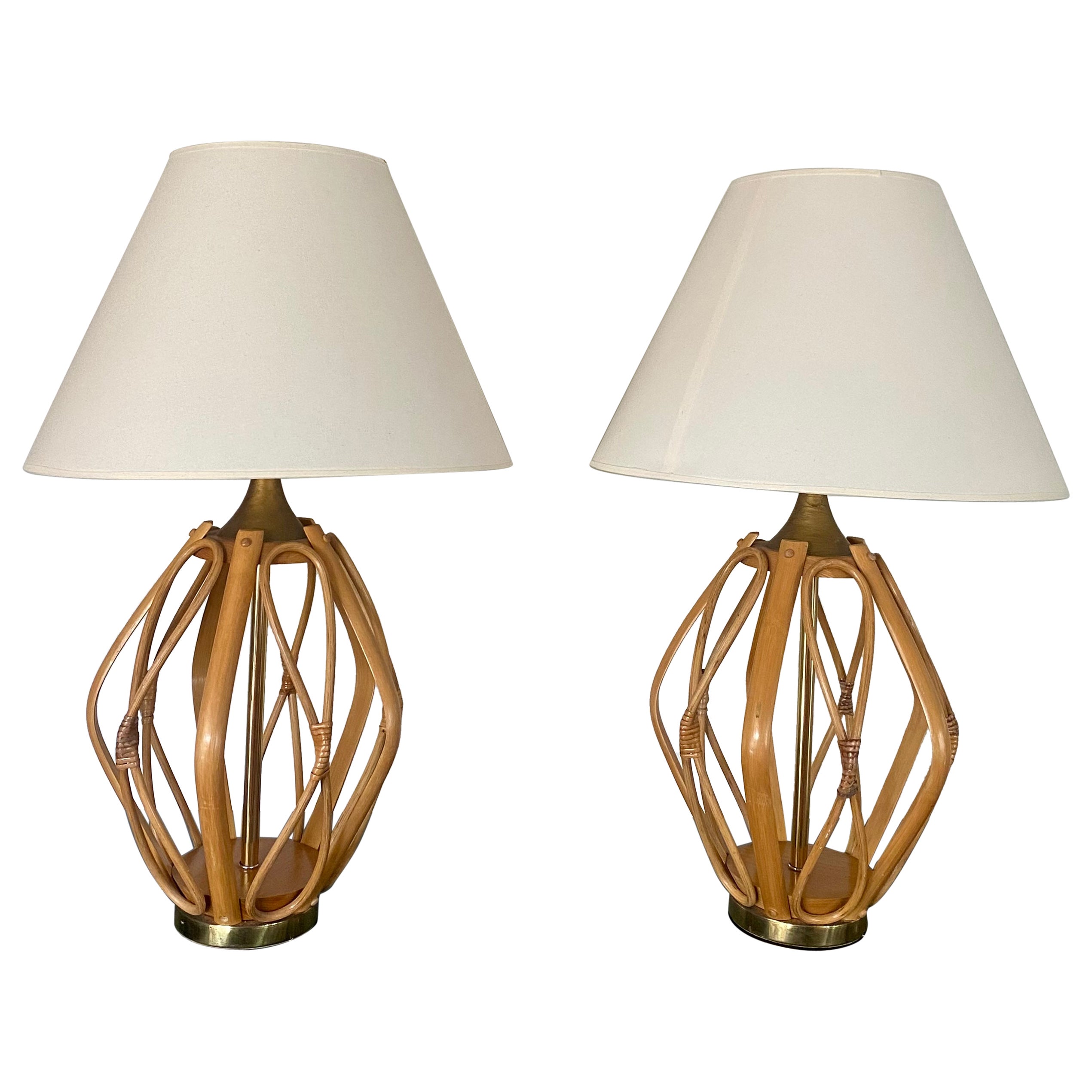 1970s Sculptural Bent Rattan and Brass Lamps, Set of 2 For Sale