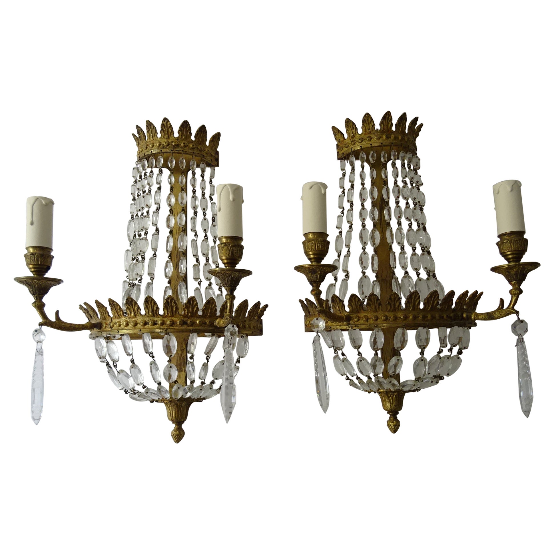  French Crystal Rare Oval Prisms Bronze Empire Sconces, circa 1850 For Sale