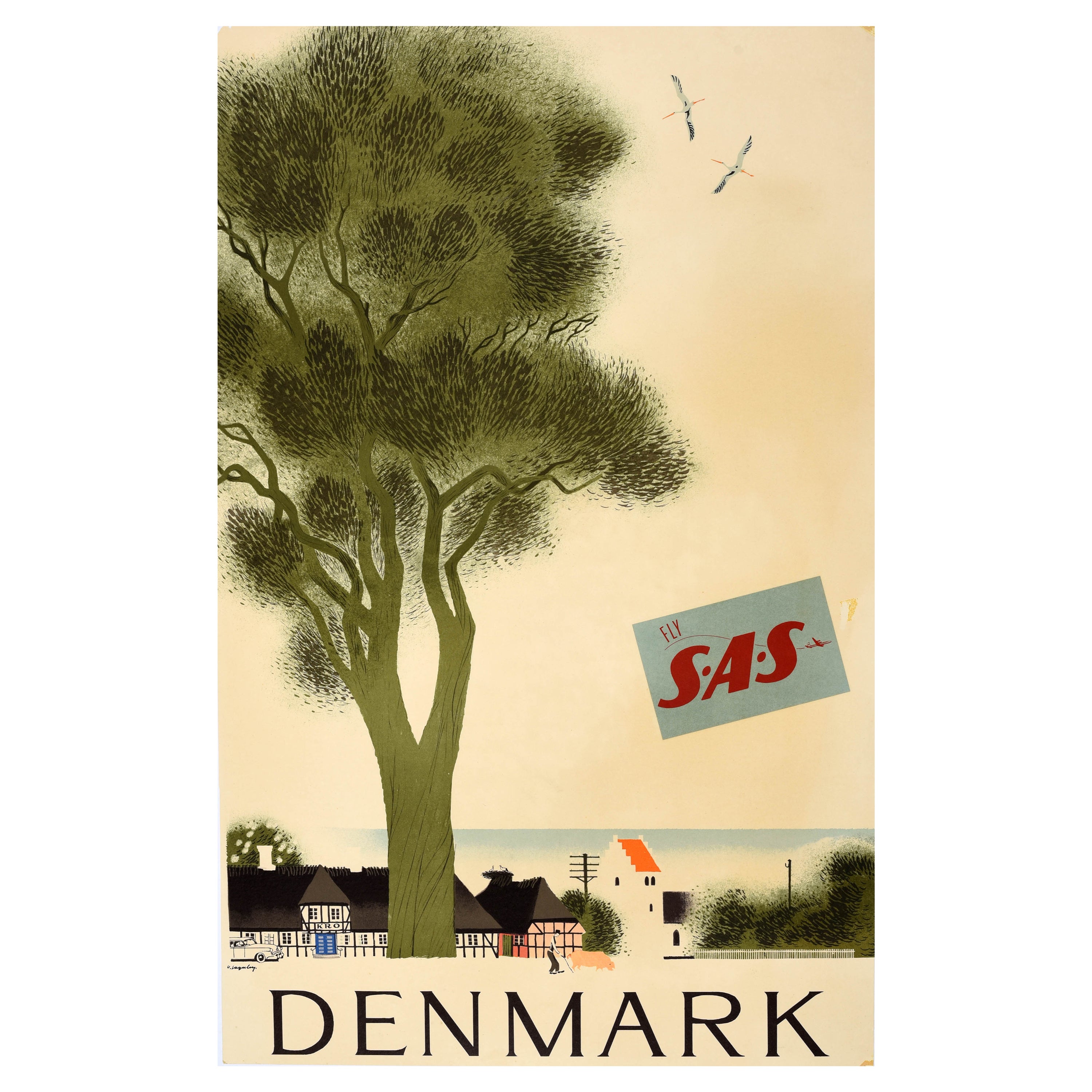 Original Vintage Travel Poster Denmark SAS Viggo Vagnby Kro Inn Scandinavia For Sale