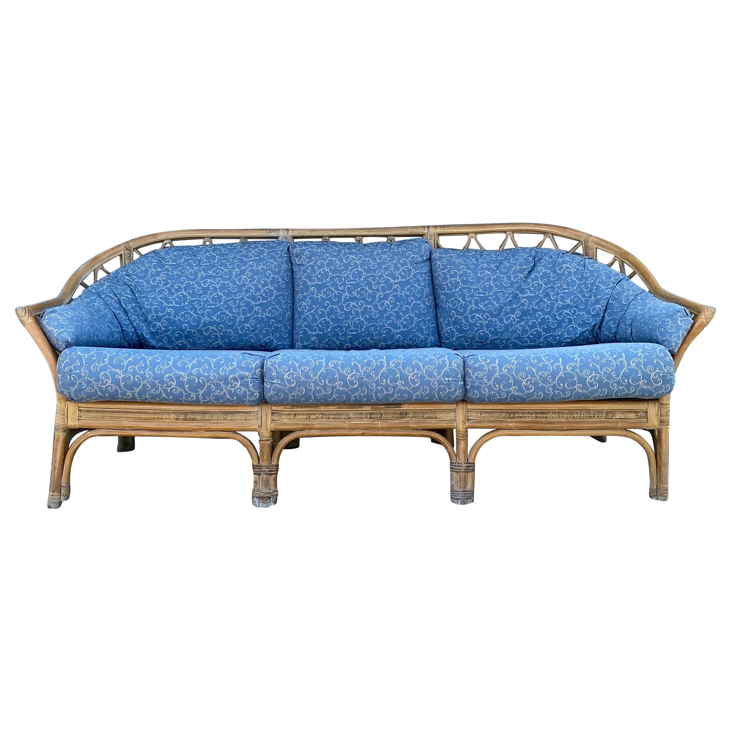 1970s Curved Sculptural Rattan Denim Blue Sofa