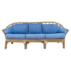 1970s Curved Sculptural Rattan Denim Blue Sofa