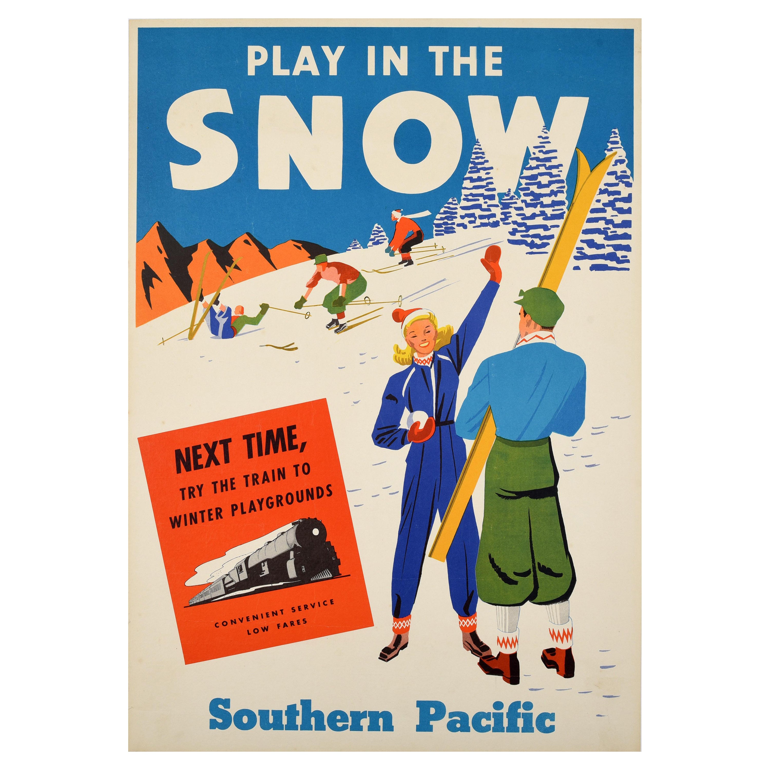 Affiche rétro originale de voyage de sport d'hiver - « Play In The Snow » - Southern Pacific en vente