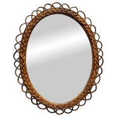 Vintage Bamboo and Rattan Wall Mirror, Italy, 1960s