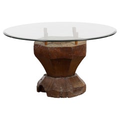 Antique Primitive Teak Wood Mortar Made into a Side Table Base, Glass not Included
