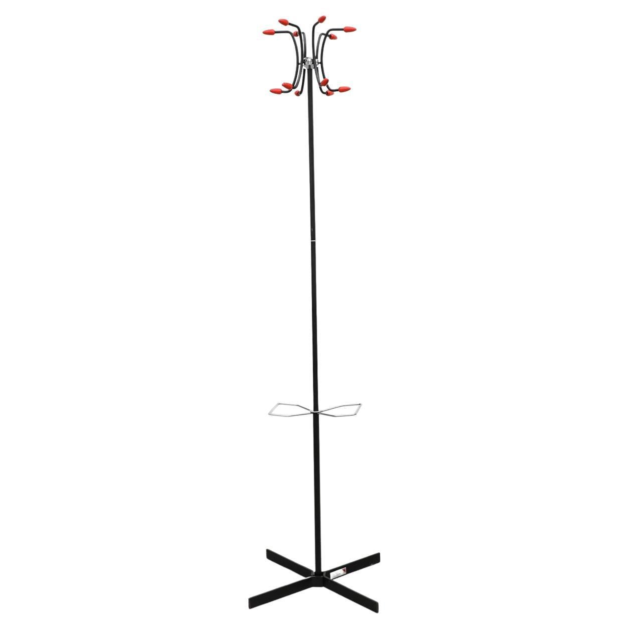 Retro Wire Coat Tree and Umbrella Stand in Black and Chrome with Red Hooks