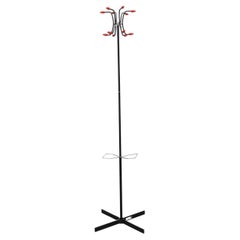 Retro Wire Coat Tree and Umbrella Stand in Black and Chrome with Red Hooks