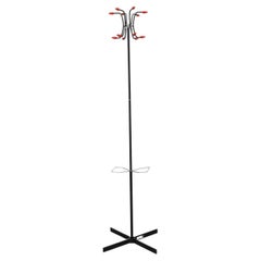 Porte-manteau et Umbrella Stand Retro en fil métallique noir et chrome avec crochets rouges