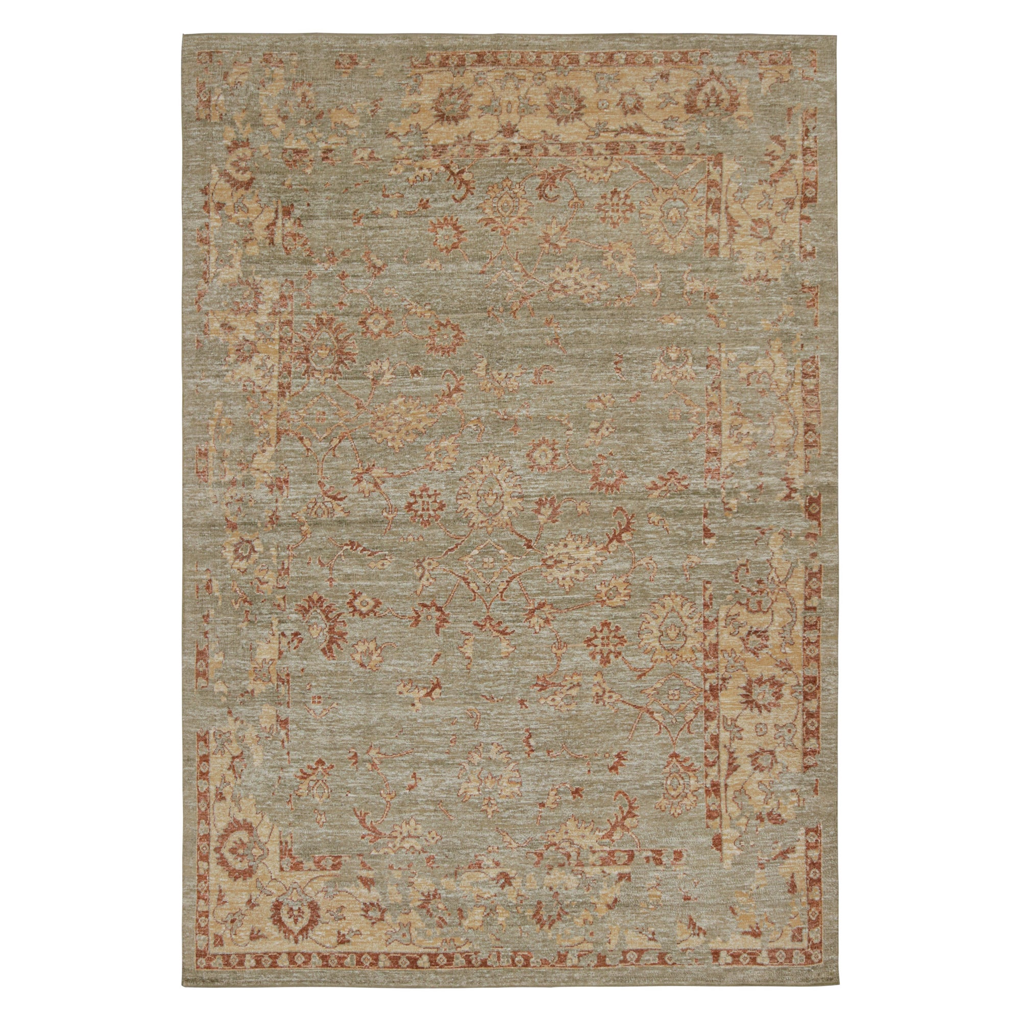 Rug & Kilim’s Oushak Style Rug in Green with Gold and Rust Floral Patterns For Sale