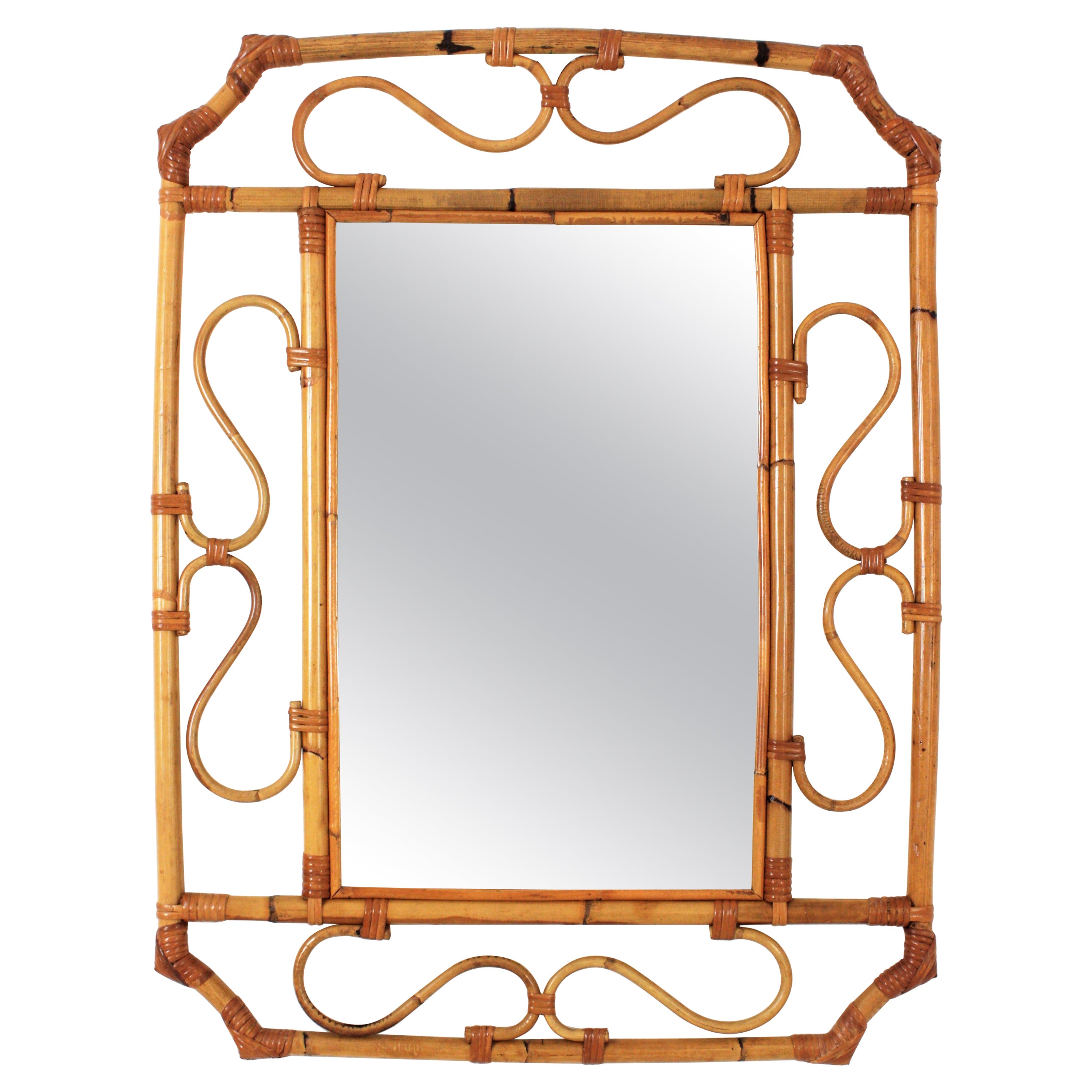 Franco Albini Style Rattan Octagonal Mirror, Italy, 1960s