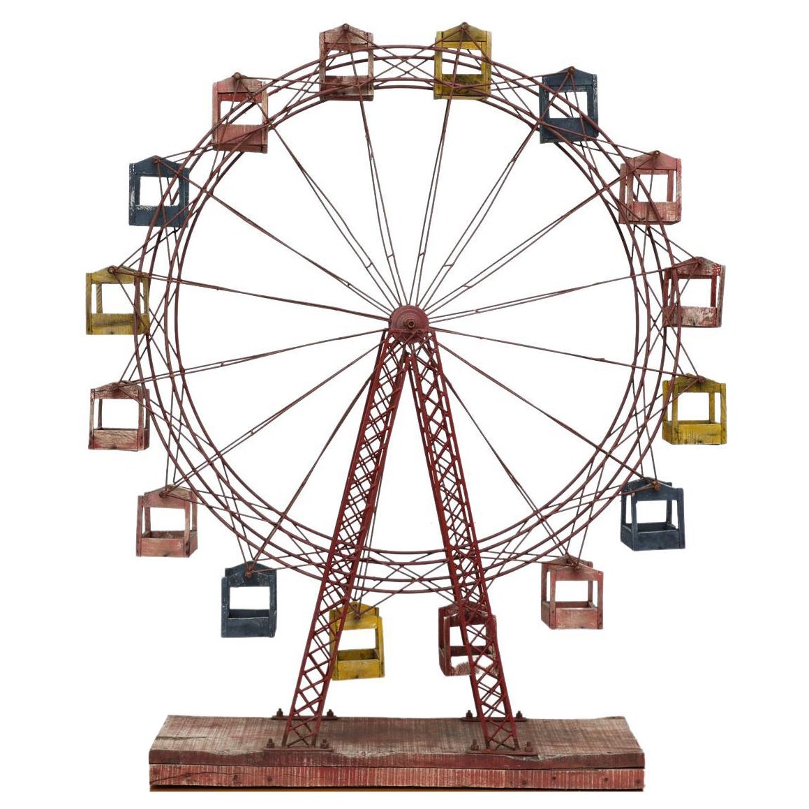 Mid-Century Wooden & Metal Kinetic Ferris Wheel with Red, Blue & Yellow Cabins For Sale