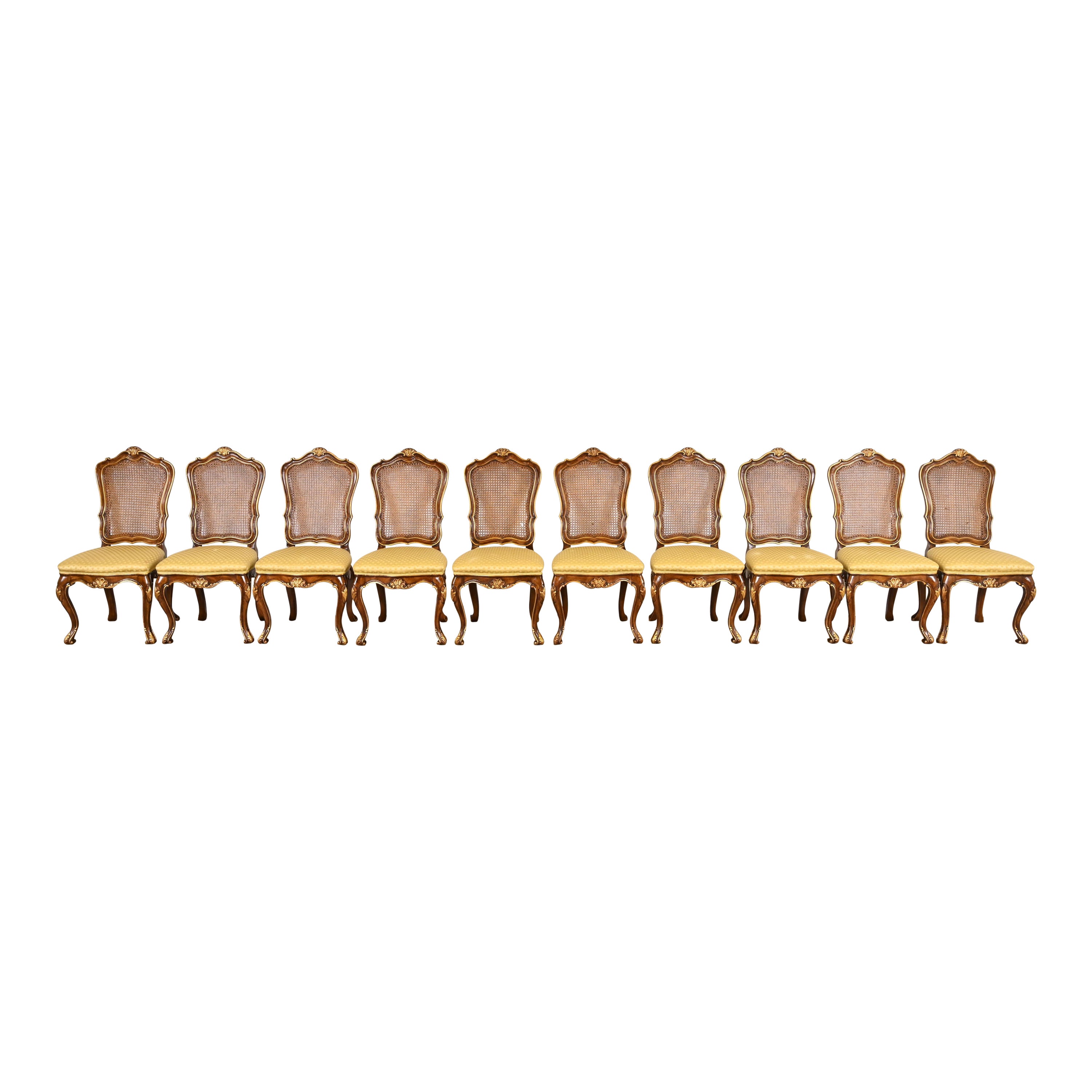 Karges French Louis XV Walnut and Gold Gilt Cane Back Dining Chairs, Set of Ten
