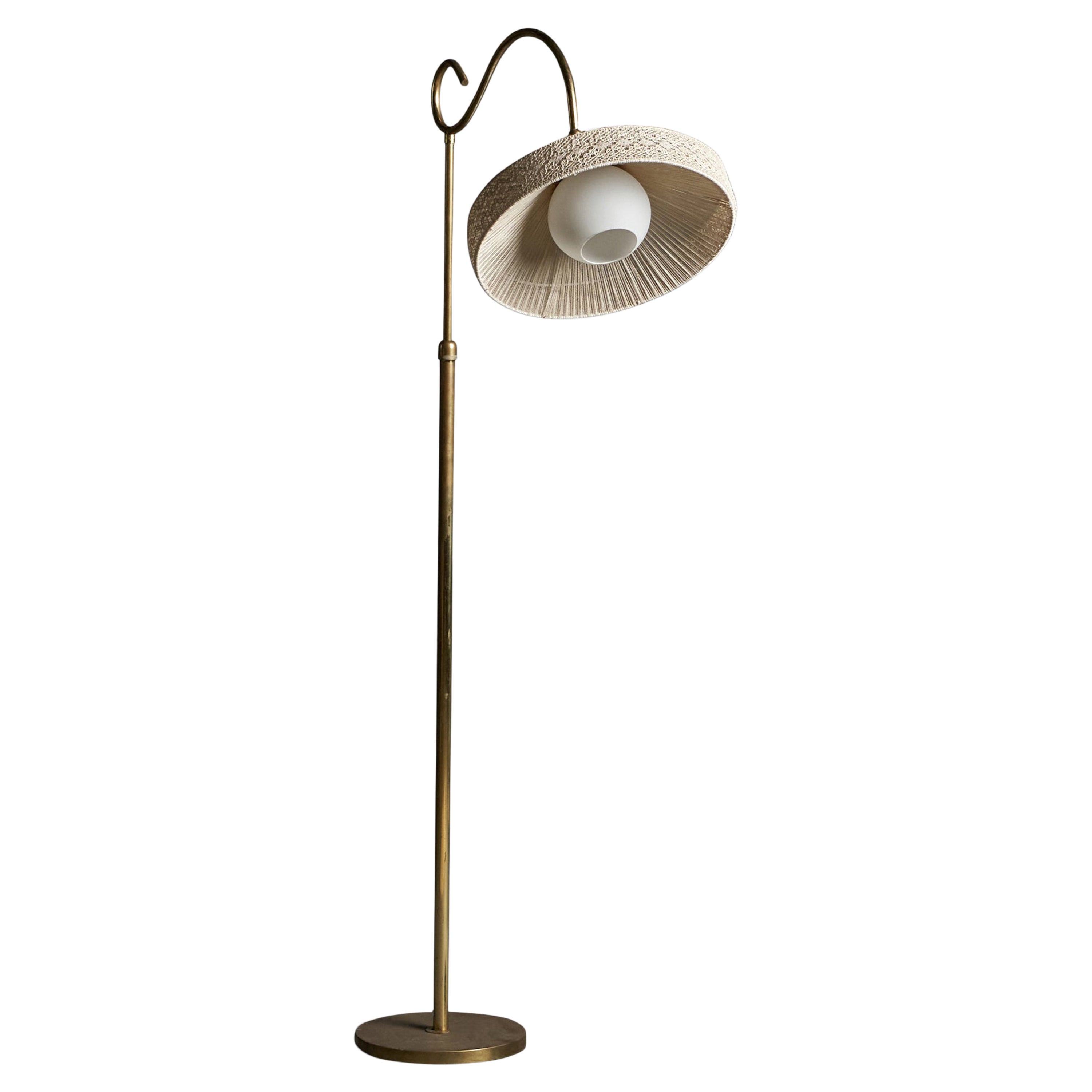 Italian Designer, Floor Lamp, Brass, Glass, Fabric, 1940s For Sale