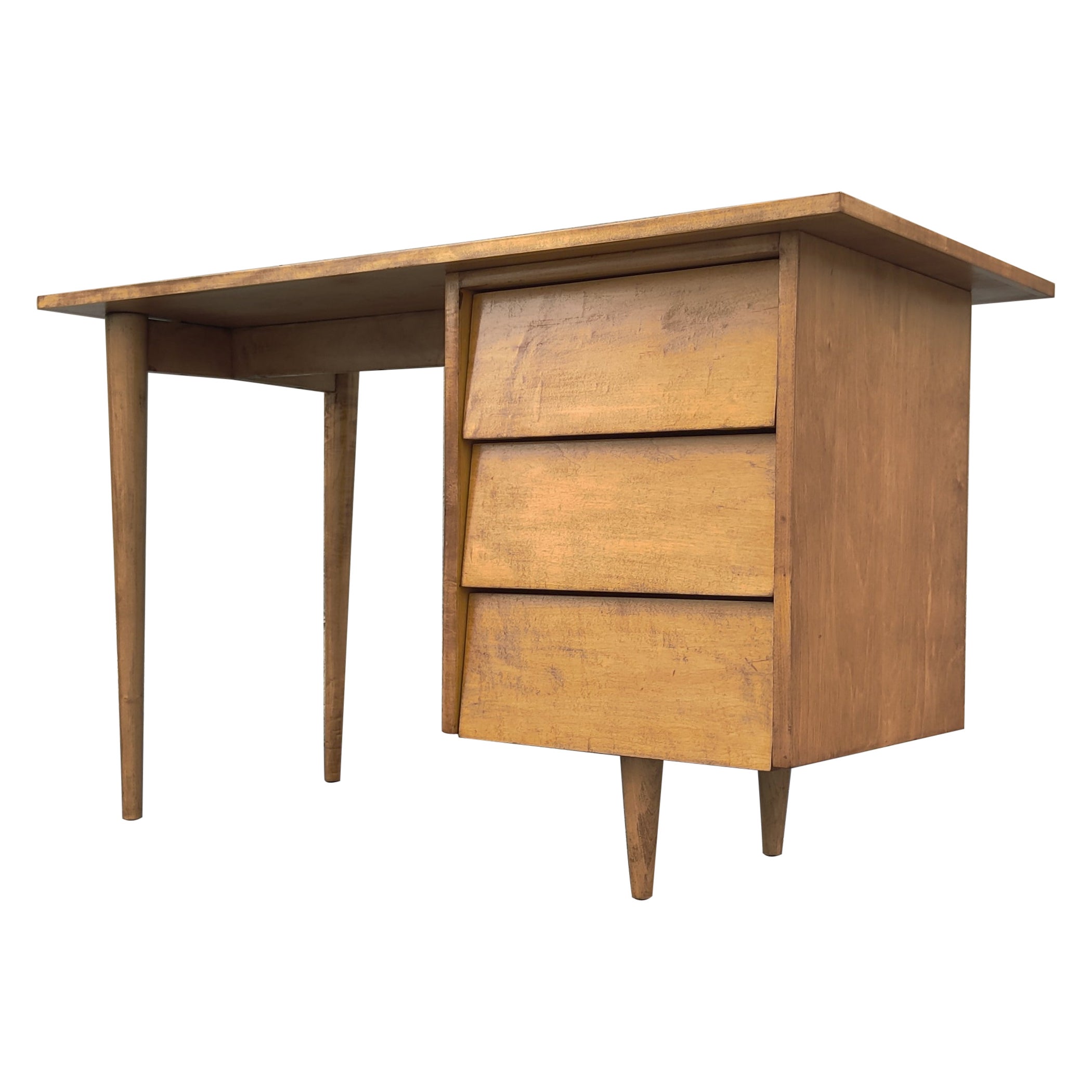 Rare bureau restauré du début de Florence Knoll modèle 17 en érable repoussé signé Madison