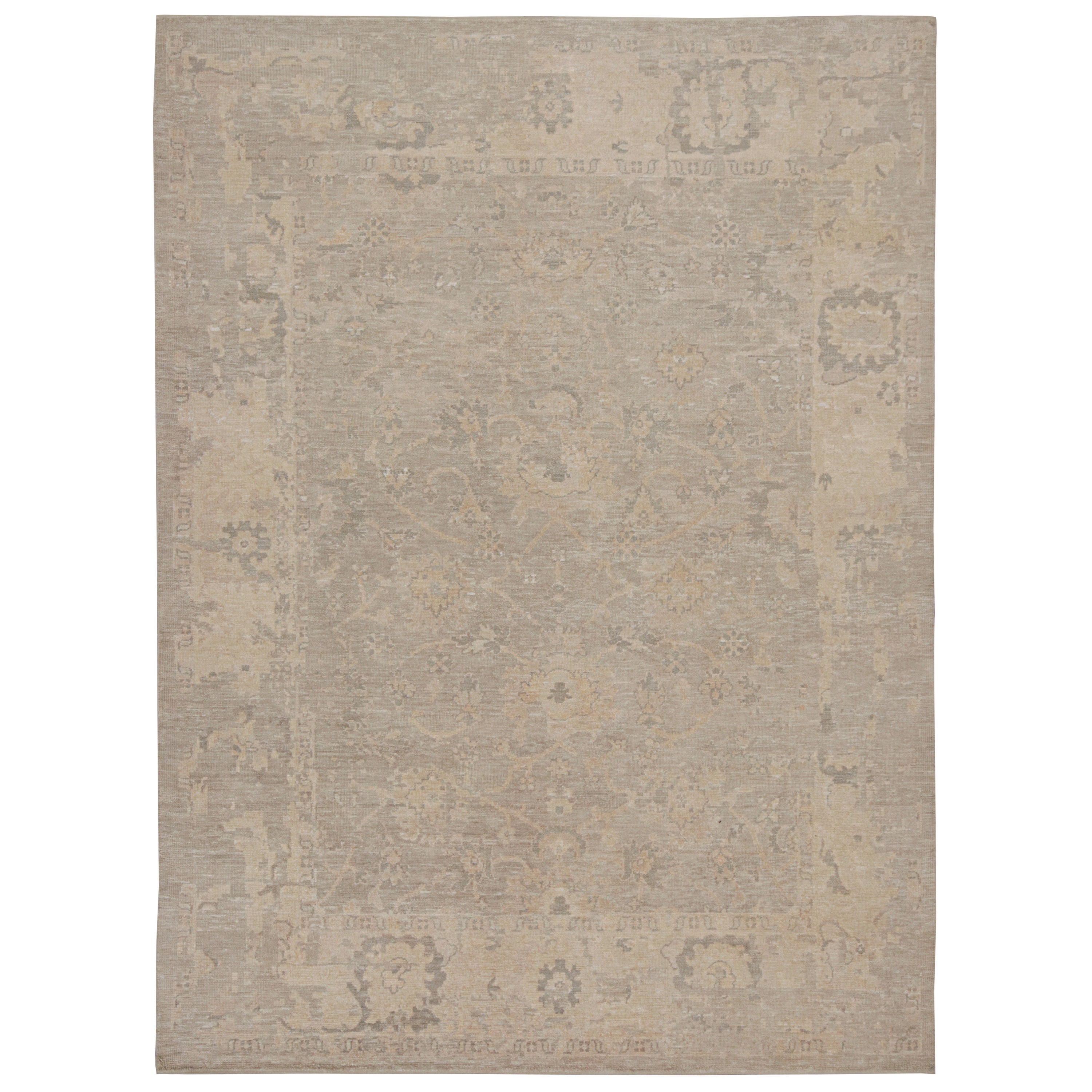 Rug & Kilim’s Oushak Style Rug with Taupe, Beige and Gray Floral Patterns For Sale
