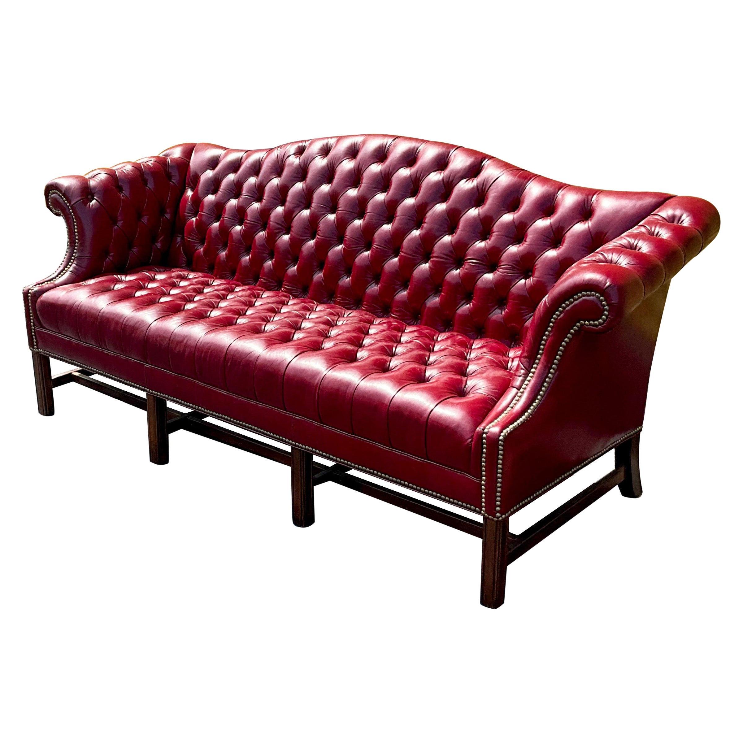 English Style Red Leather Chesterfield Style Camelback Sofa W/ Brass Nailheads 