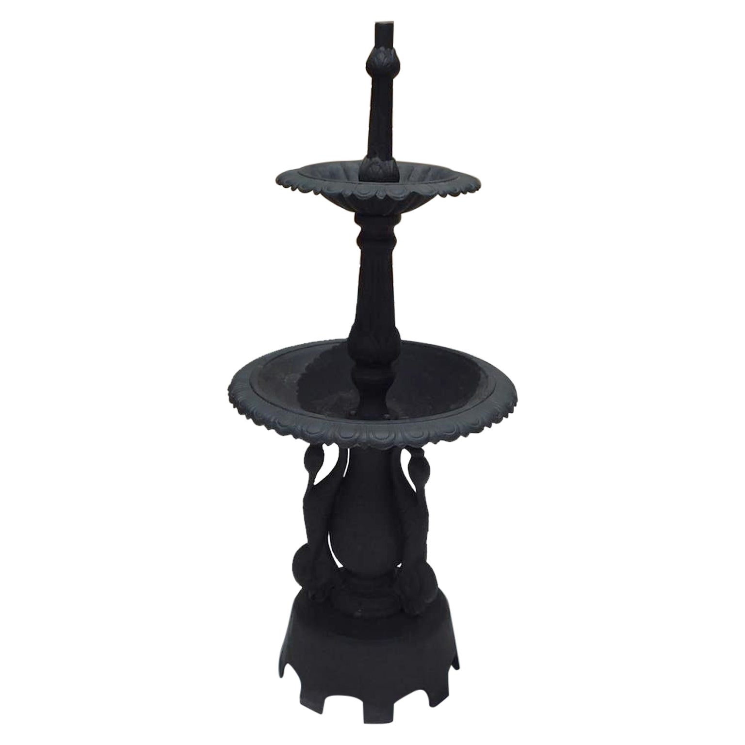 American Cast Iron Two Tiered Fountain with Flanking Swans, Fiske / Mott, C 1870 For Sale