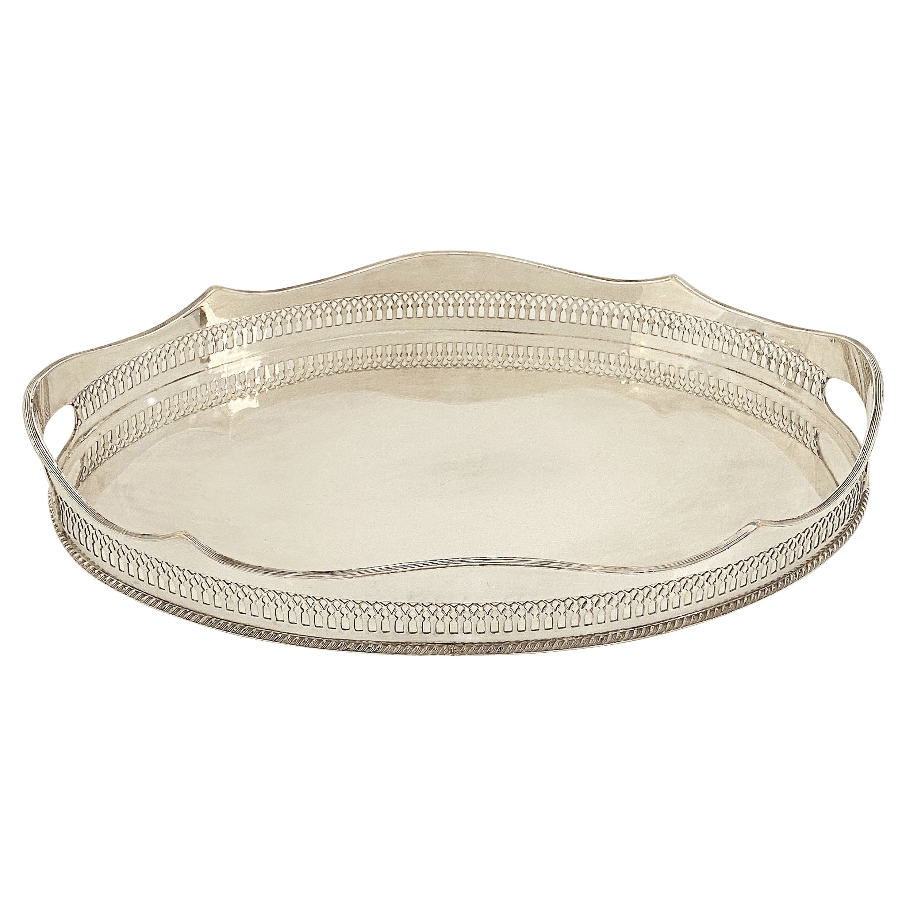 English Silver Oval Gallery Serving or Drinks Tray For Sale