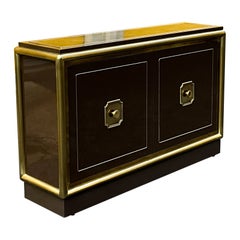 Modern Brown Lacquered Cabinet / Bar / Credenza / Console With Tubular Brass