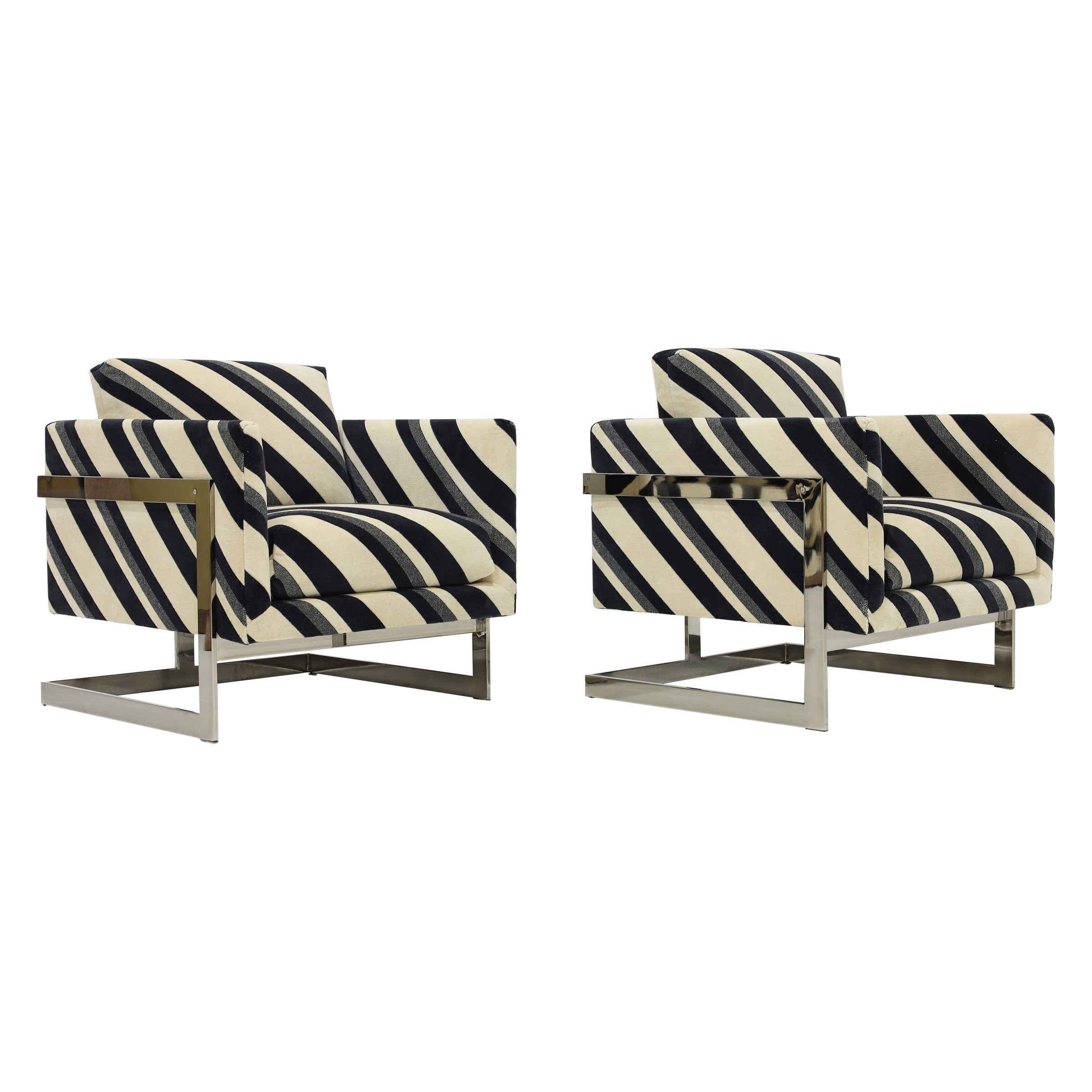 Milo Baughman T-Back Lounge Chairs in Kelly Wearstler Sereno Stripe Velvet For Sale