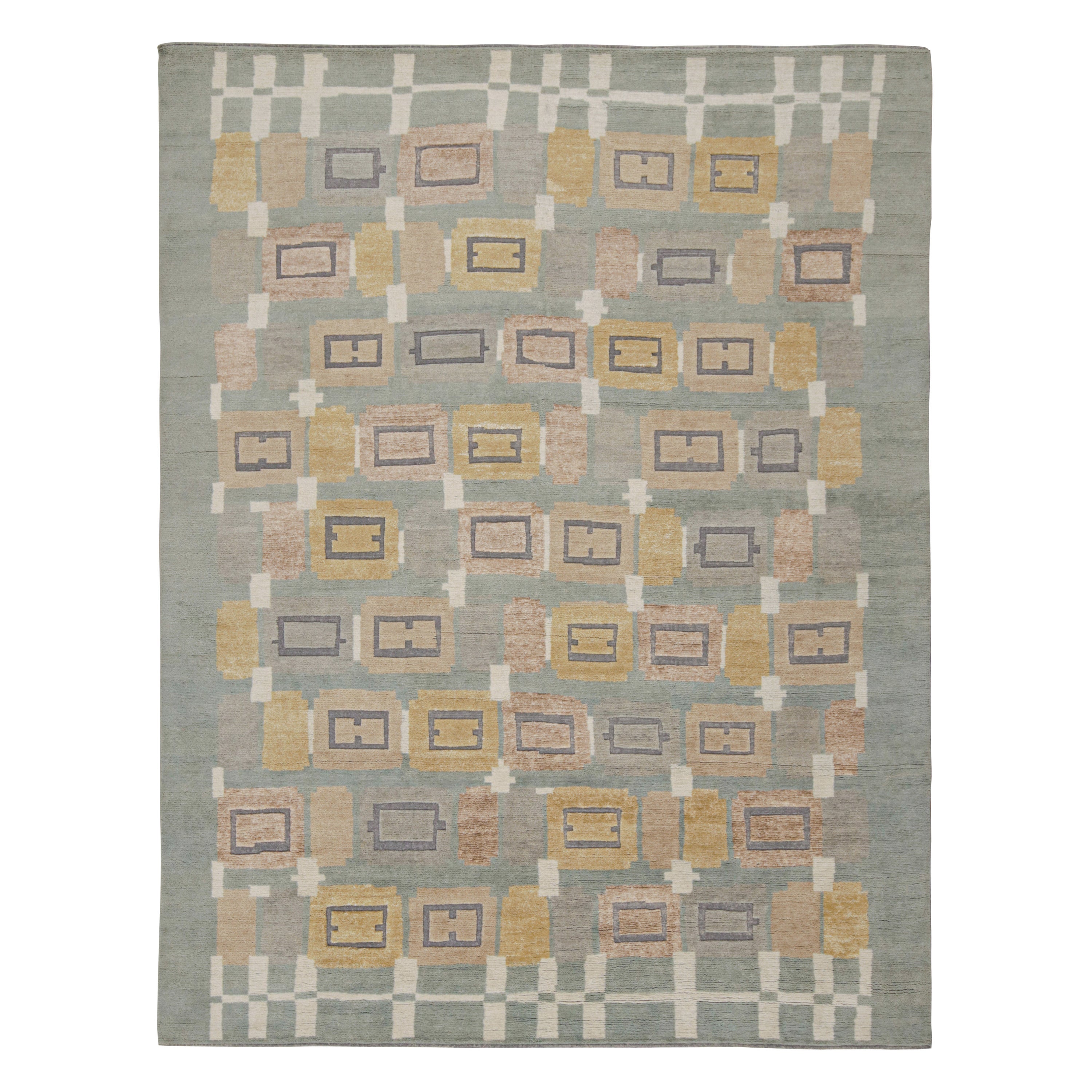 Rug & Kilim’s Scandinavian Style Rug in Blue, Brown, Gold & Gray Patterns