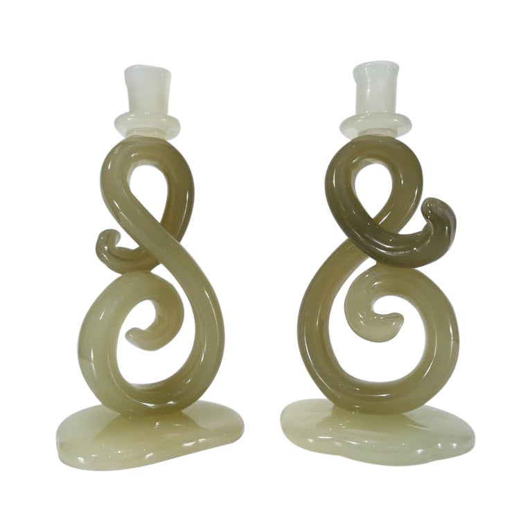 Pair of candlesticks in Murano glass by Archimede Seguso circa 1950 For Sale