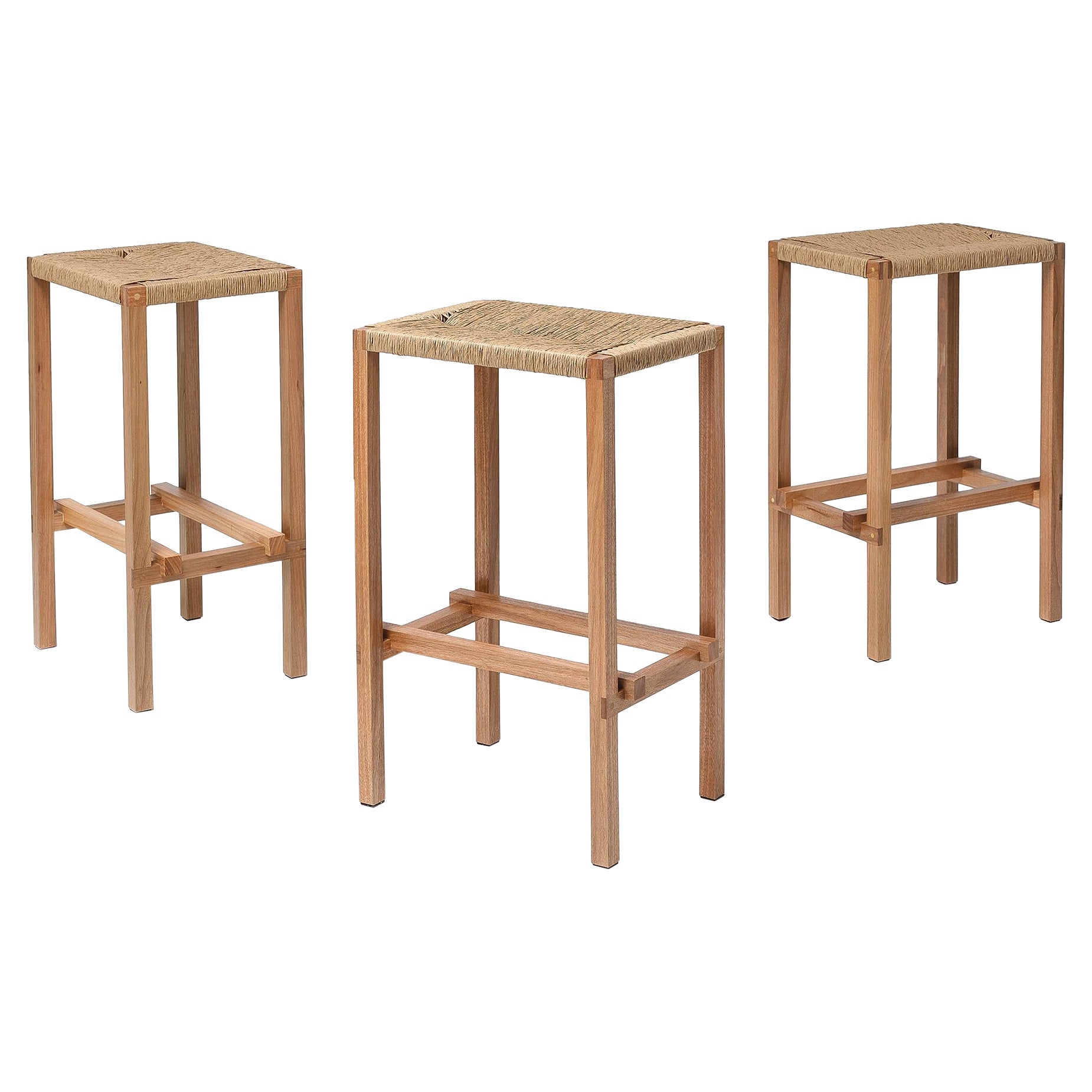 M2 Stool, Set of 3 Woven Seat Contemporary Handcrafted Solid Wood Furniture For Sale