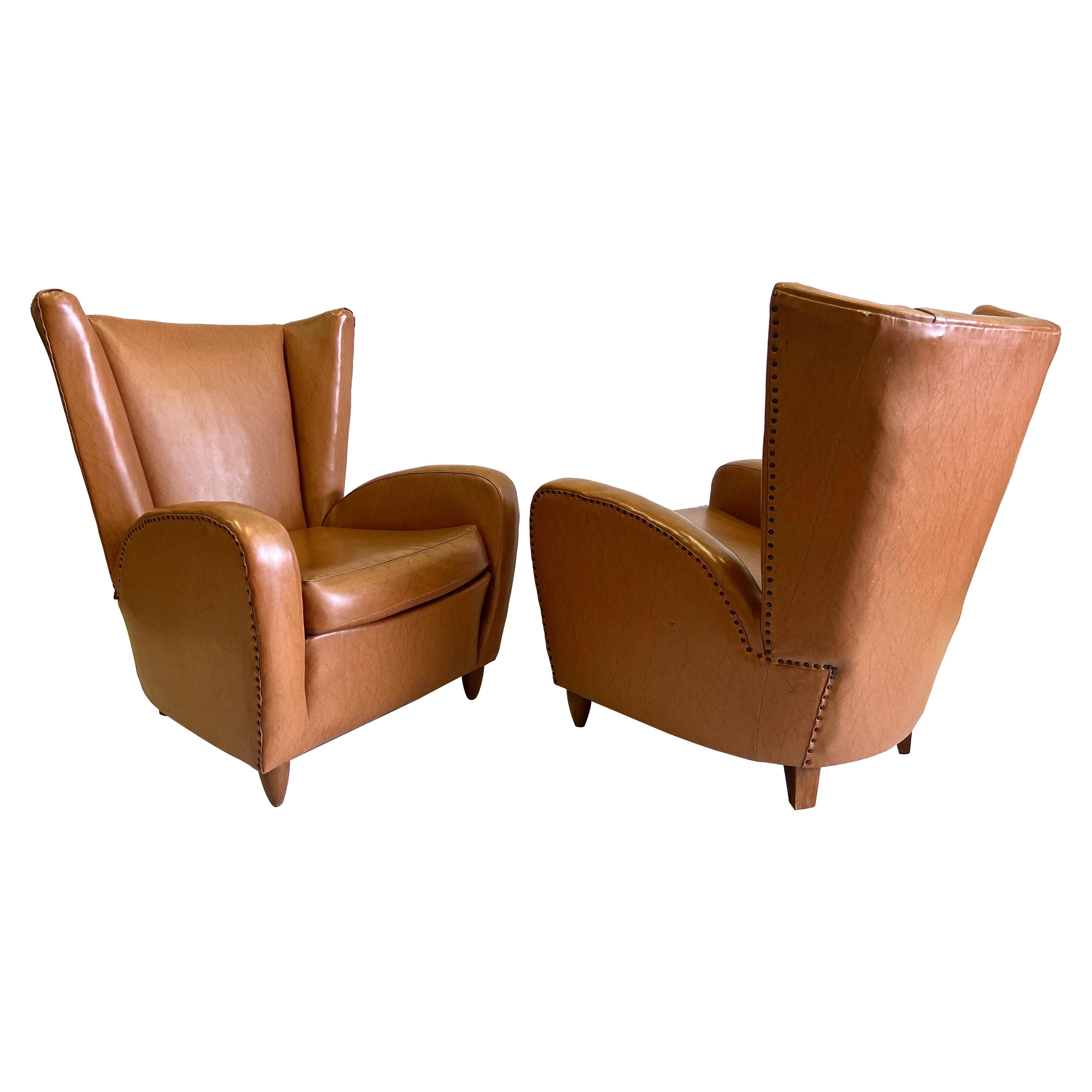 Pair Italian Modern Neoclassical Wingback Leather Lounge Chairs by Paolo Buffa 