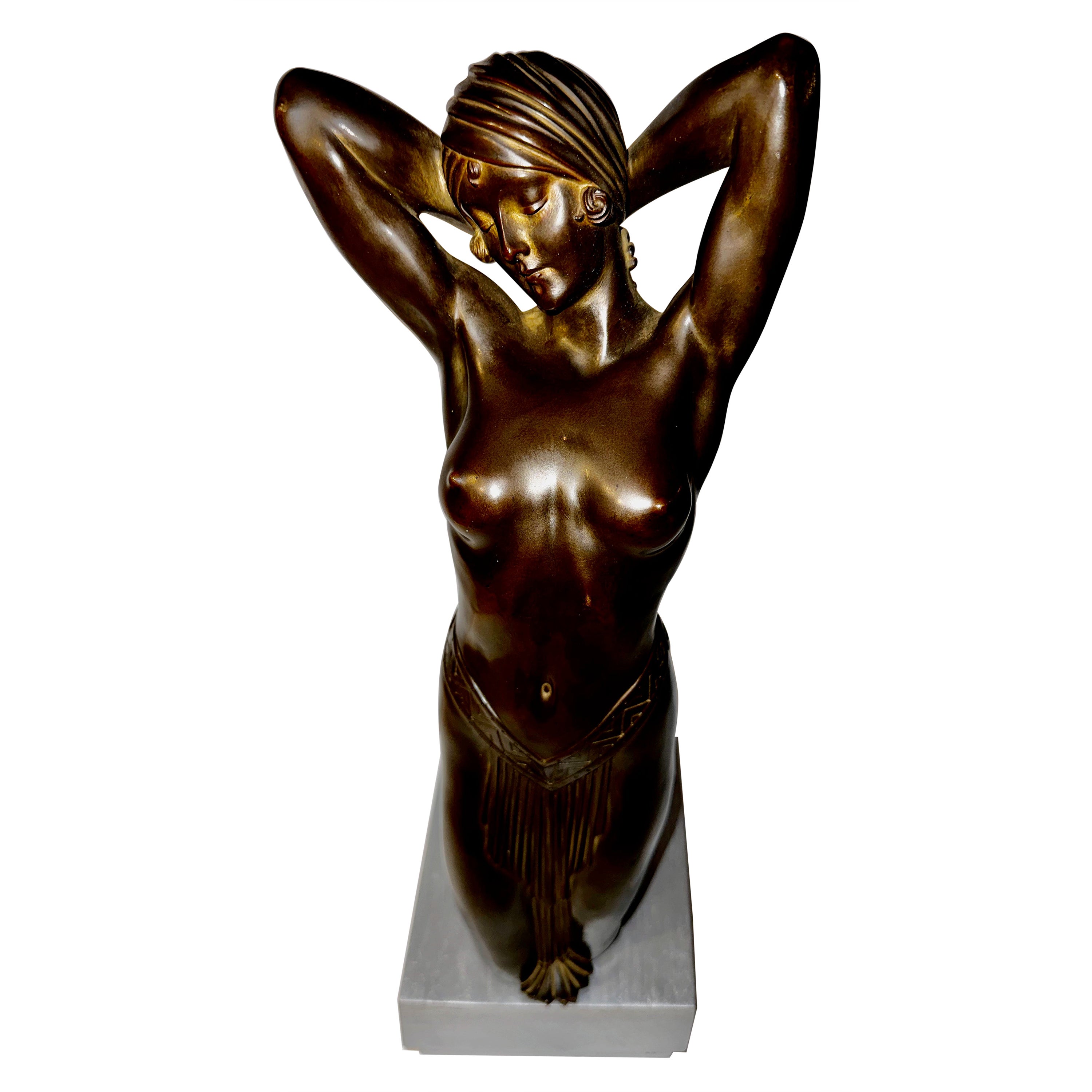 Art Deco Bronze Female Statue Egyptian Inspired Headdress and Waist Treatment