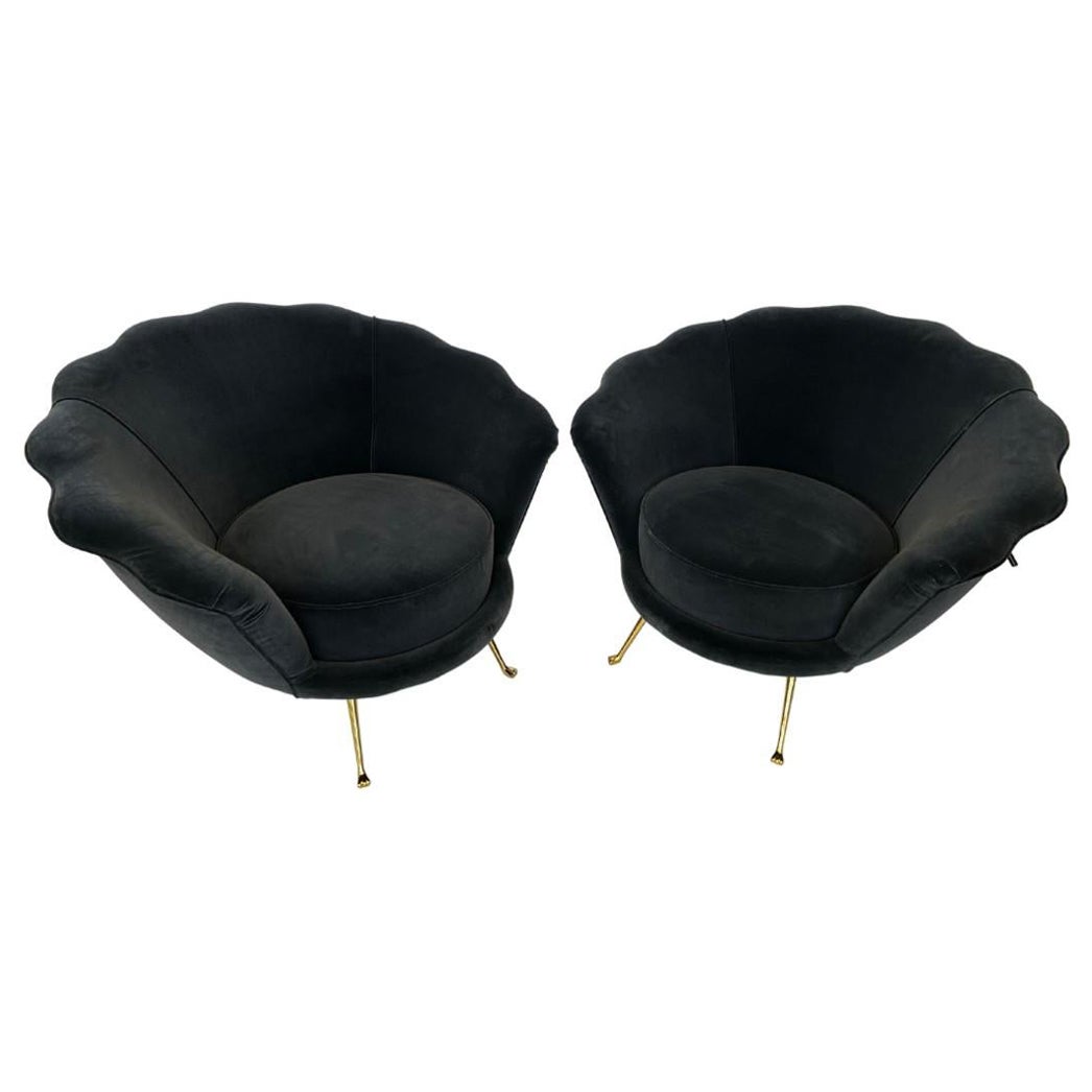 Pair of Scalloped Velvet and Brass Lounge Chairs For Sale