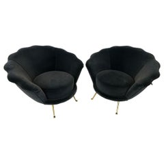Retro Pair of Scalloped Velvet and Brass Lounge Chairs