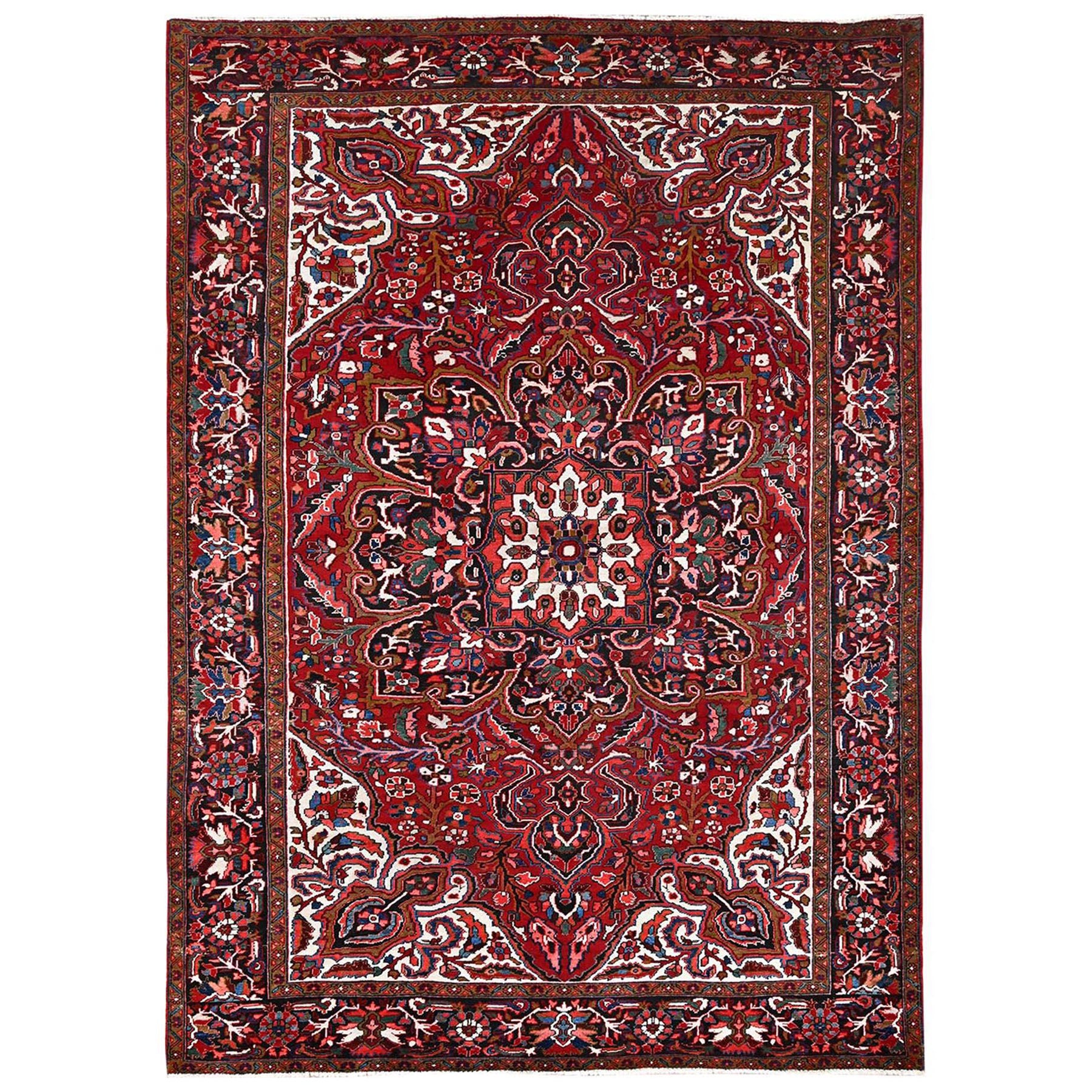 Red Rustic Feel Evenly Worn Pure Wool Hand Knotted Vintage Persian Heriz Rug