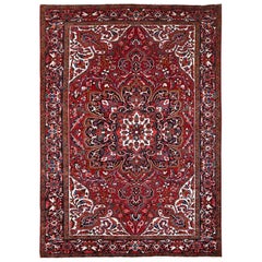Red Rustic Feel Evenly Worn Pure Wool Hand Knotted Vintage Persian Heriz Rug